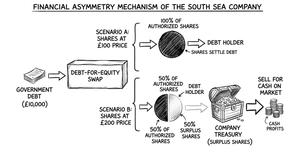 Hand-drawn diagram illustrating the South Sea Company’s 1720 debt-for-equity swap, showing how a rising stock price allowed the company to issue fewer shares to debt holders, thereby creating surplus treasury inventory to sell for cash.
